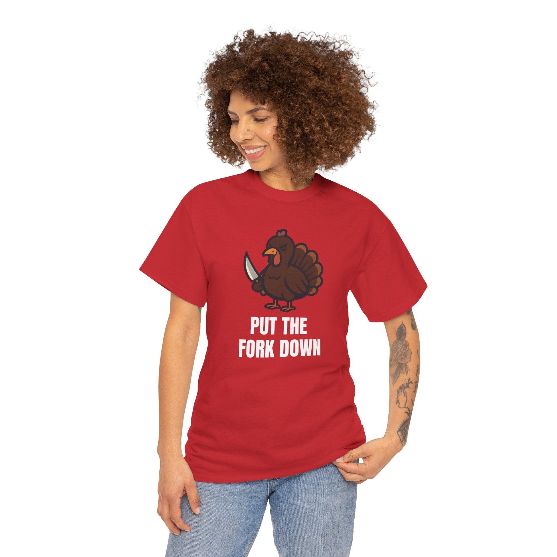 Funny Angry Turkey Shirt – “Put the Fork Down” Unisex Thanksgiving Graphic Tee, Friendsgiving Meme T-Shirt - Red