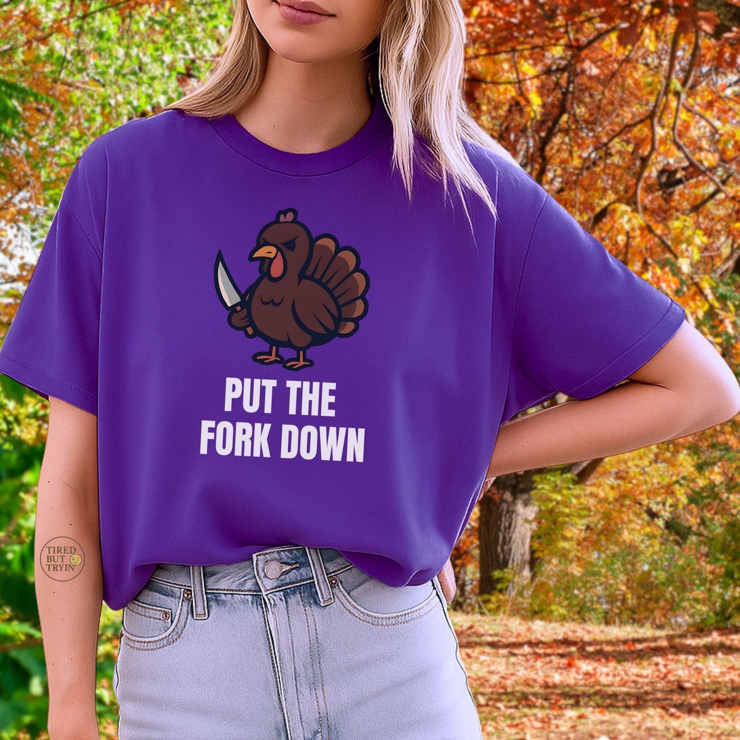 Funny Angry Turkey Shirt – “Put the Fork Down” Unisex Thanksgiving Graphic Tee, Friendsgiving Meme T-Shirt - Purple