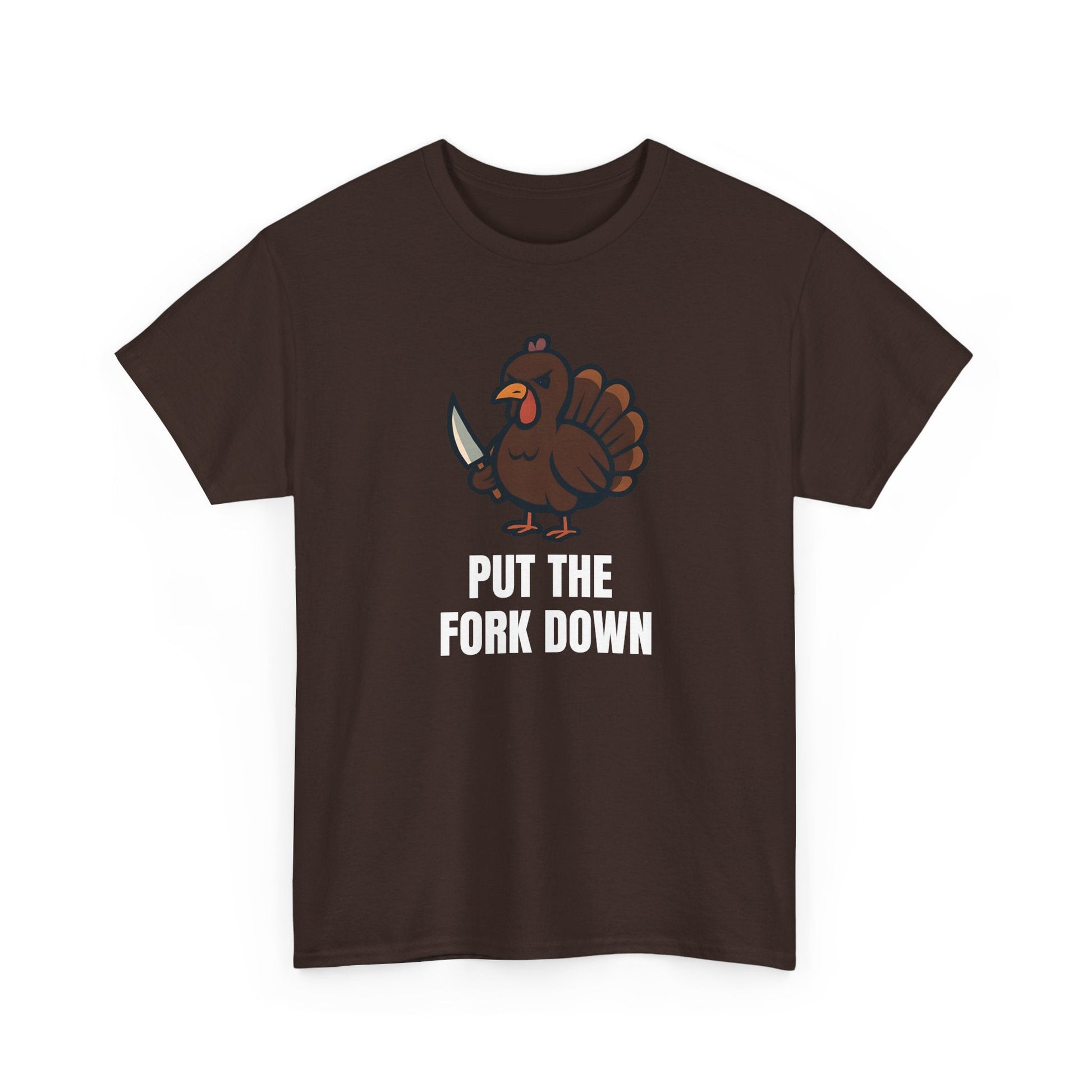 Funny Angry Turkey Shirt – “Put the Fork Down” Unisex Thanksgiving Graphic Tee, Friendsgiving Meme T-Shirt - Dark Chocolate