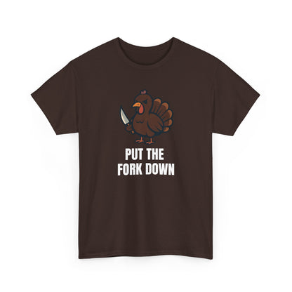 Funny Angry Turkey Shirt – “Put the Fork Down” Unisex Thanksgiving Graphic Tee, Friendsgiving Meme T-Shirt - Dark Chocolate