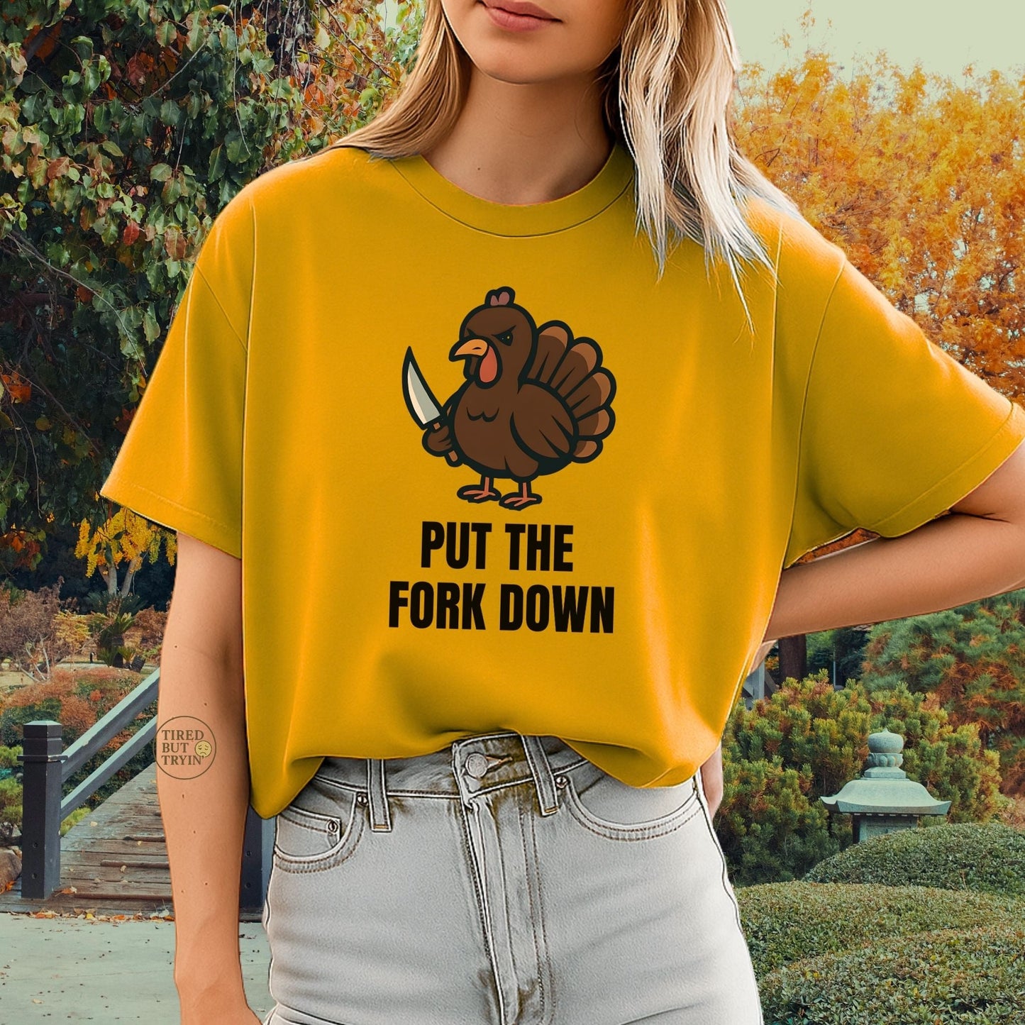 Funny Angry Turkey Shirt – “Put the Fork Down” Unisex Thanksgiving Graphic Tee, Friendsgiving Meme T-Shirt - Gold
