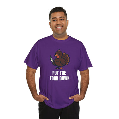 Funny Angry Turkey Shirt – “Put the Fork Down” Unisex Thanksgiving Graphic Tee, Friendsgiving Meme T-Shirt - Purple
