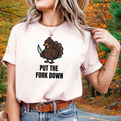 Funny Angry Turkey Shirt – “Put the Fork Down” Unisex Thanksgiving Graphic Tee, Friendsgiving Meme T-Shirt - Light Pink