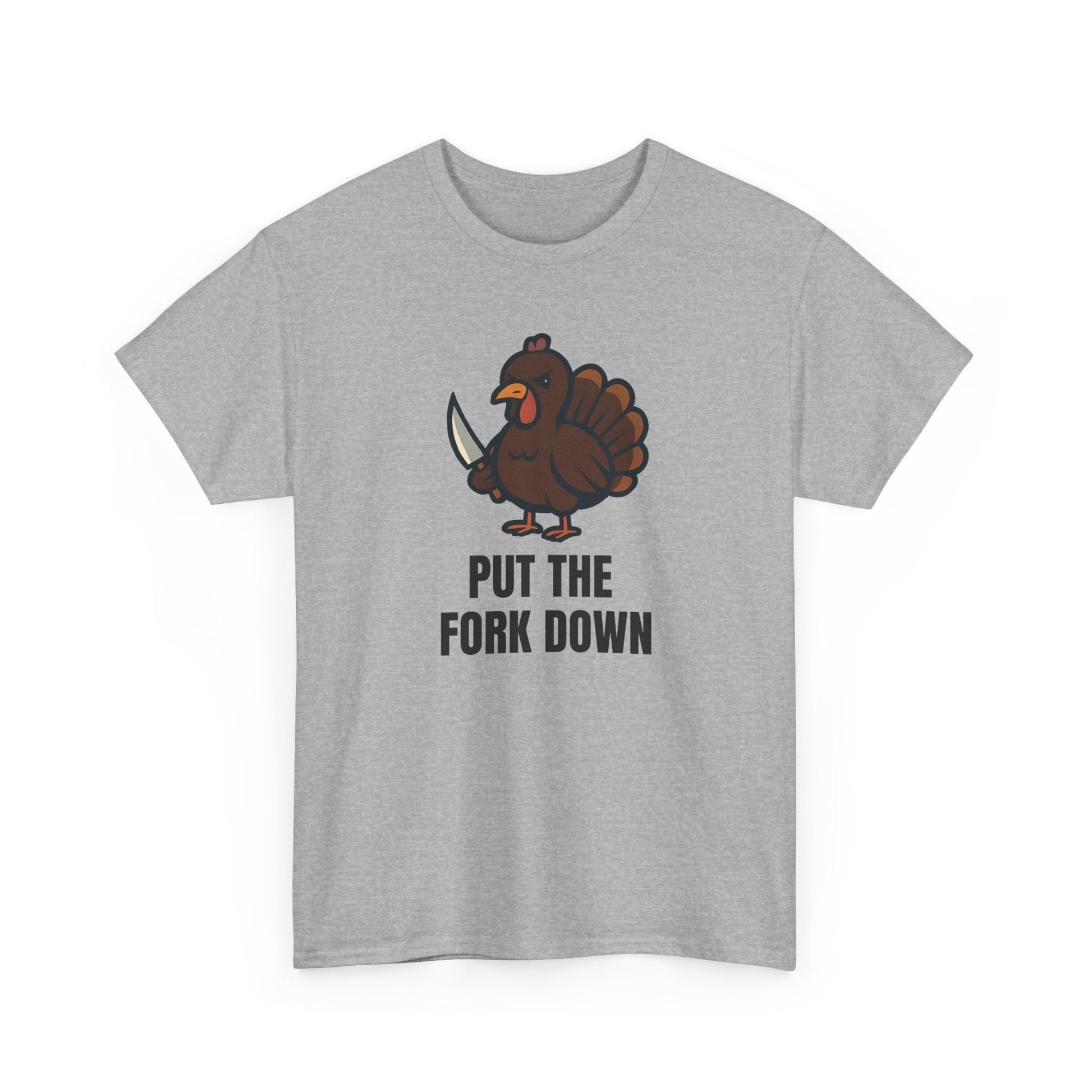 Funny Angry Turkey Shirt – “Put the Fork Down” Unisex Thanksgiving Graphic Tee, Friendsgiving Meme T-Shirt - Sport Grey
