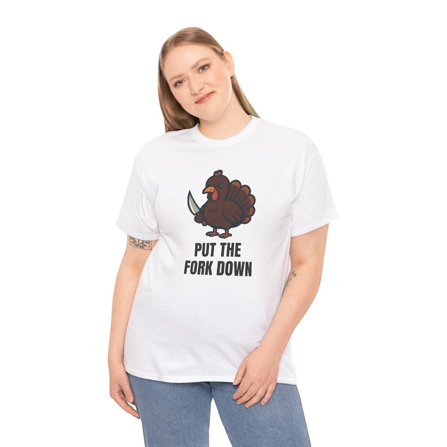 Funny Angry Turkey Shirt – “Put the Fork Down” Unisex Thanksgiving Graphic Tee, Friendsgiving Meme T-Shirt - White