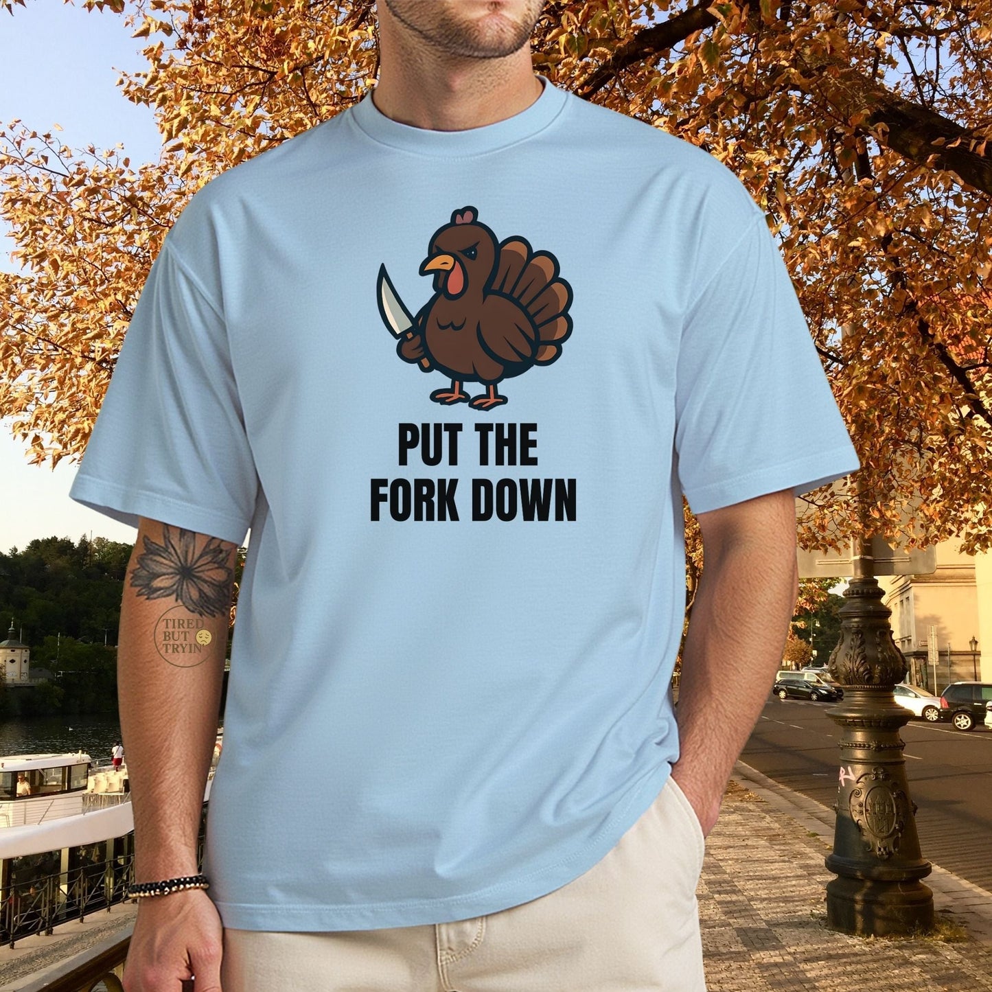 Funny Angry Turkey Shirt – “Put the Fork Down” Unisex Thanksgiving Graphic Tee, Friendsgiving Meme T-Shirt - Light Blue