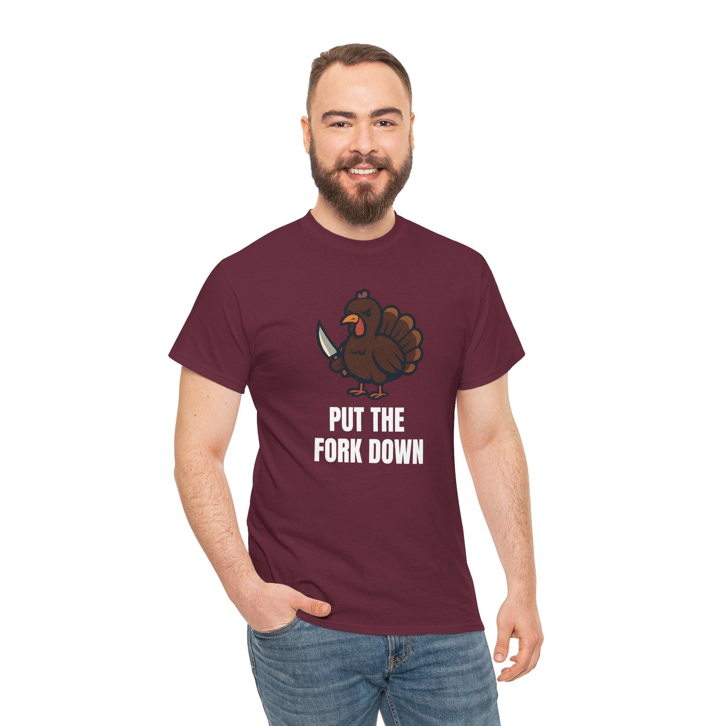 Funny Angry Turkey Shirt – “Put the Fork Down” Unisex Thanksgiving Graphic Tee, Friendsgiving Meme T-Shirt - Maroon