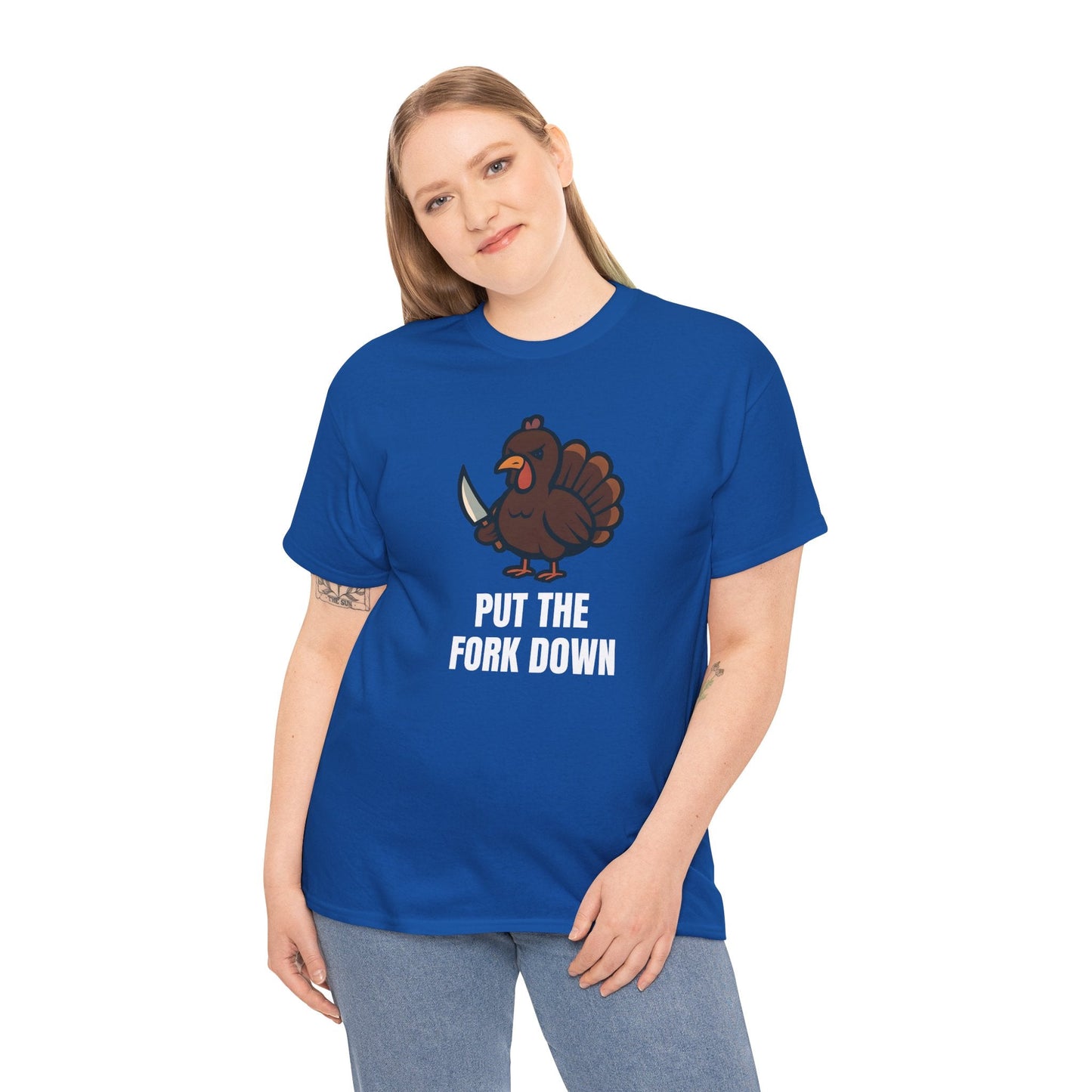 Funny Angry Turkey Shirt – “Put the Fork Down” Unisex Thanksgiving Graphic Tee, Friendsgiving Meme T-Shirt - Royal