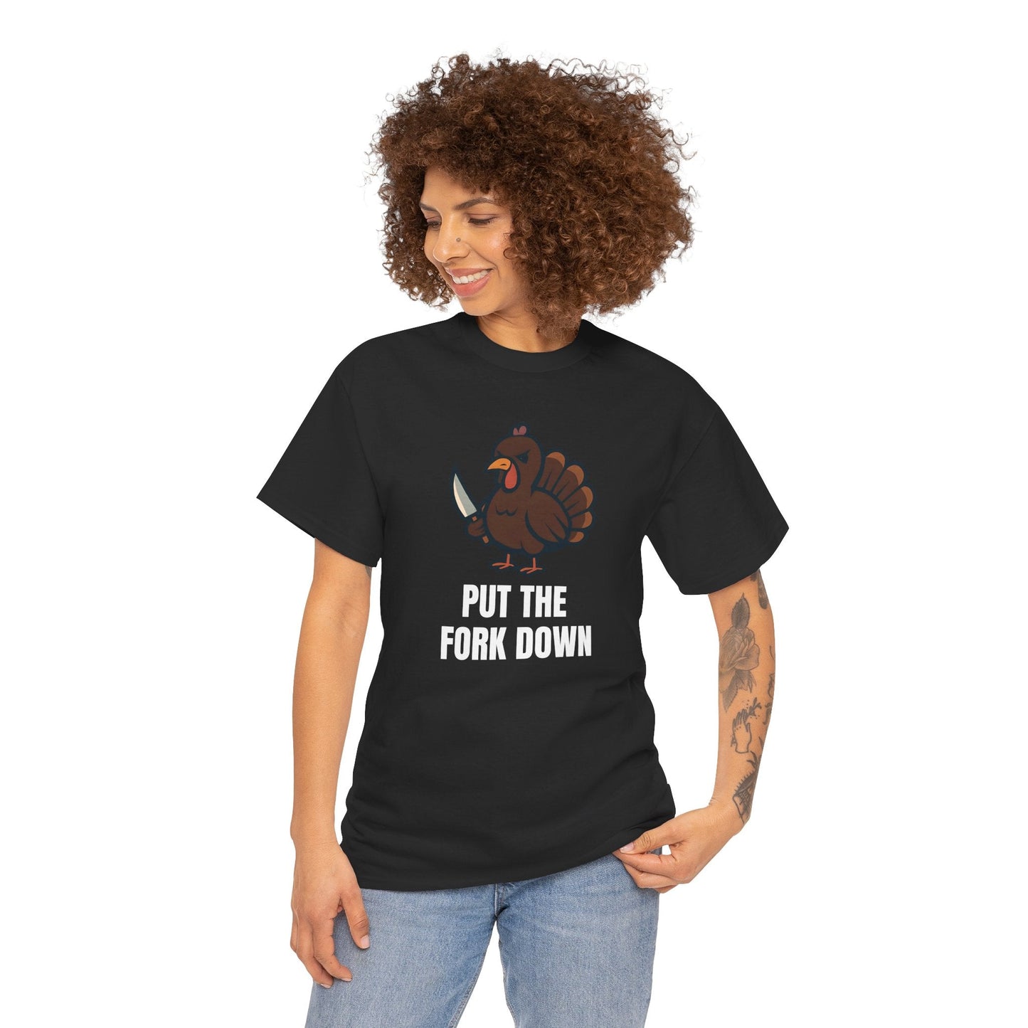 Funny Angry Turkey Shirt – “Put the Fork Down” Unisex Thanksgiving Graphic Tee, Friendsgiving Meme T-Shirt - Black
