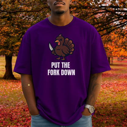 Funny Angry Turkey Shirt – “Put the Fork Down” Unisex Thanksgiving Graphic Tee, Friendsgiving Meme T-Shirt - Purple