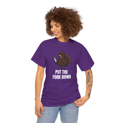 Funny Angry Turkey Shirt – “Put the Fork Down” Unisex Thanksgiving Graphic Tee, Friendsgiving Meme T-Shirt - Purple