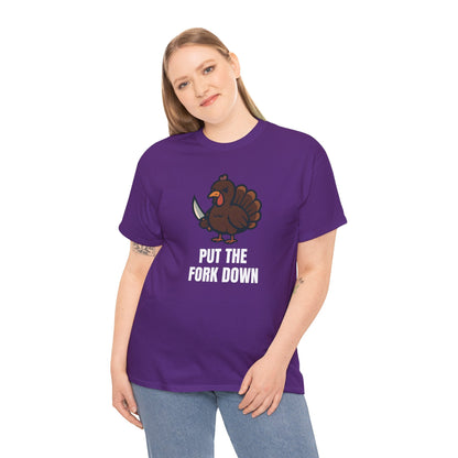 Funny Angry Turkey Shirt – “Put the Fork Down” Unisex Thanksgiving Graphic Tee, Friendsgiving Meme T-Shirt - Purple