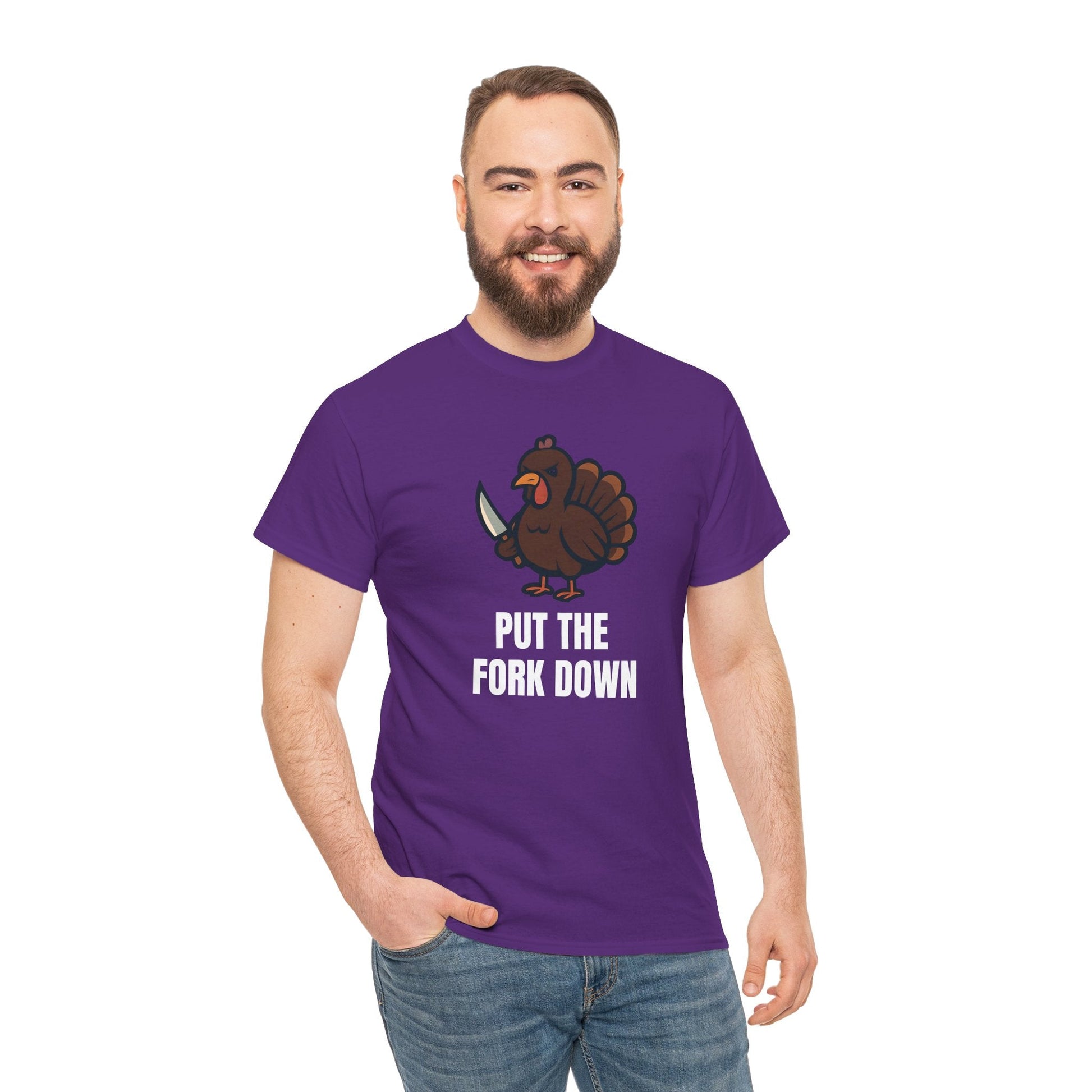 Funny Angry Turkey Shirt – “Put the Fork Down” Unisex Thanksgiving Graphic Tee, Friendsgiving Meme T-Shirt - Purple