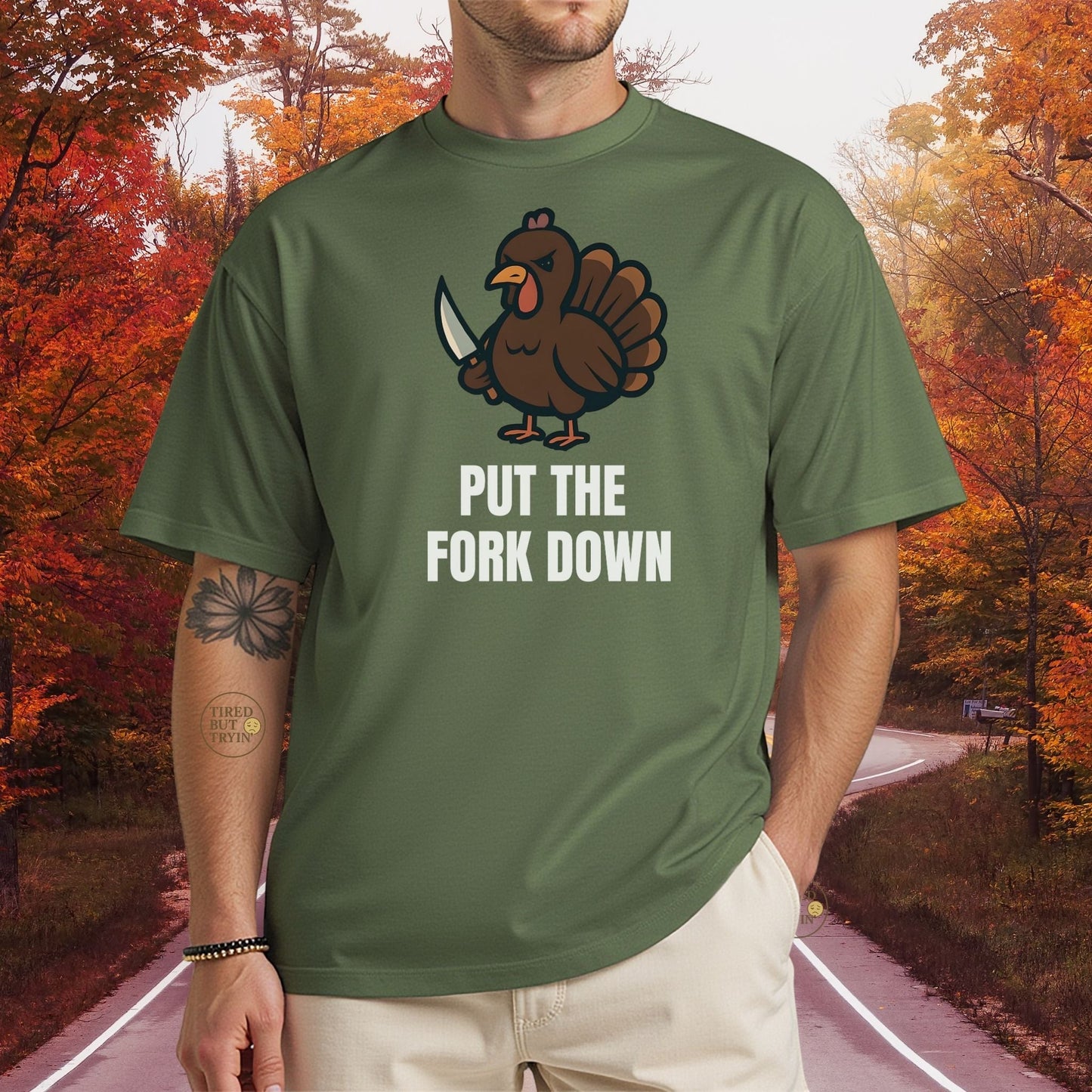 Funny Angry Turkey Shirt – “Put the Fork Down” Unisex Thanksgiving Graphic Tee, Friendsgiving Meme T-Shirt - Dark Chocolate