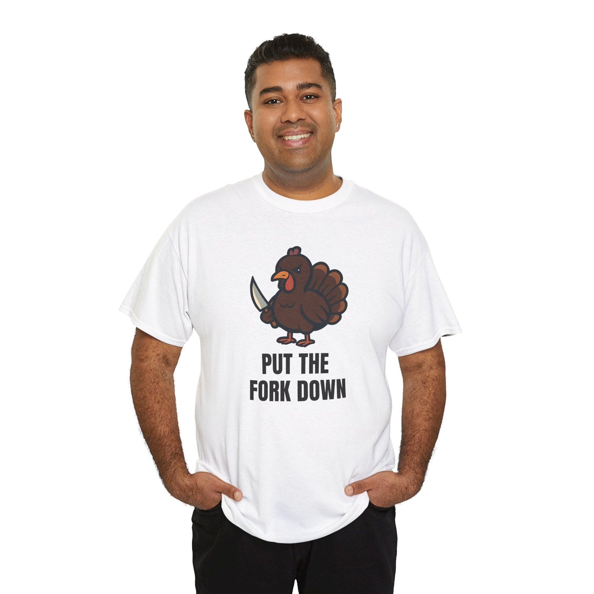 Funny Angry Turkey Shirt – “Put the Fork Down” Unisex Thanksgiving Graphic Tee, Friendsgiving Meme T-Shirt - White