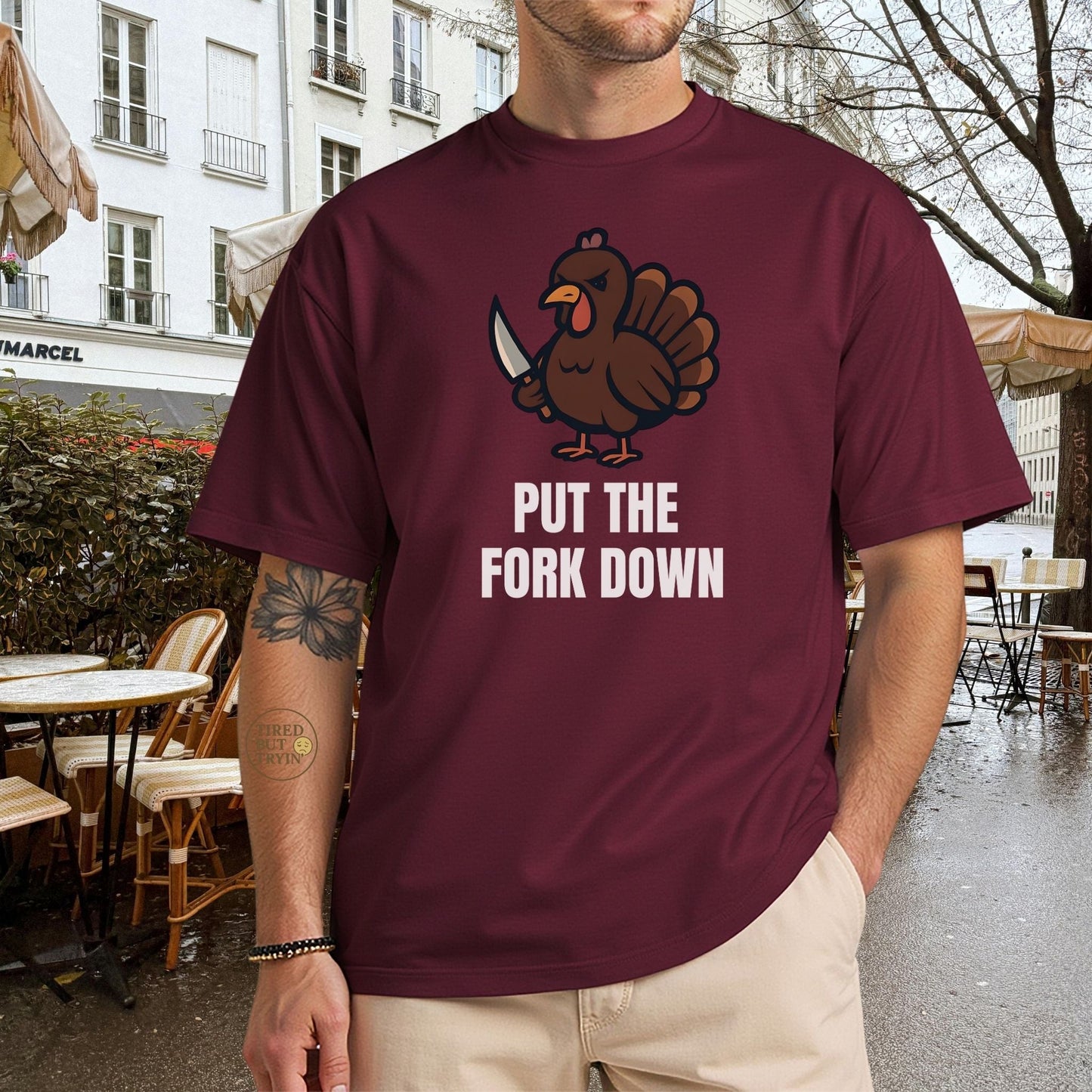 Funny Angry Turkey Shirt – “Put the Fork Down” Unisex Thanksgiving Graphic Tee, Friendsgiving Meme T-Shirt - Maroon