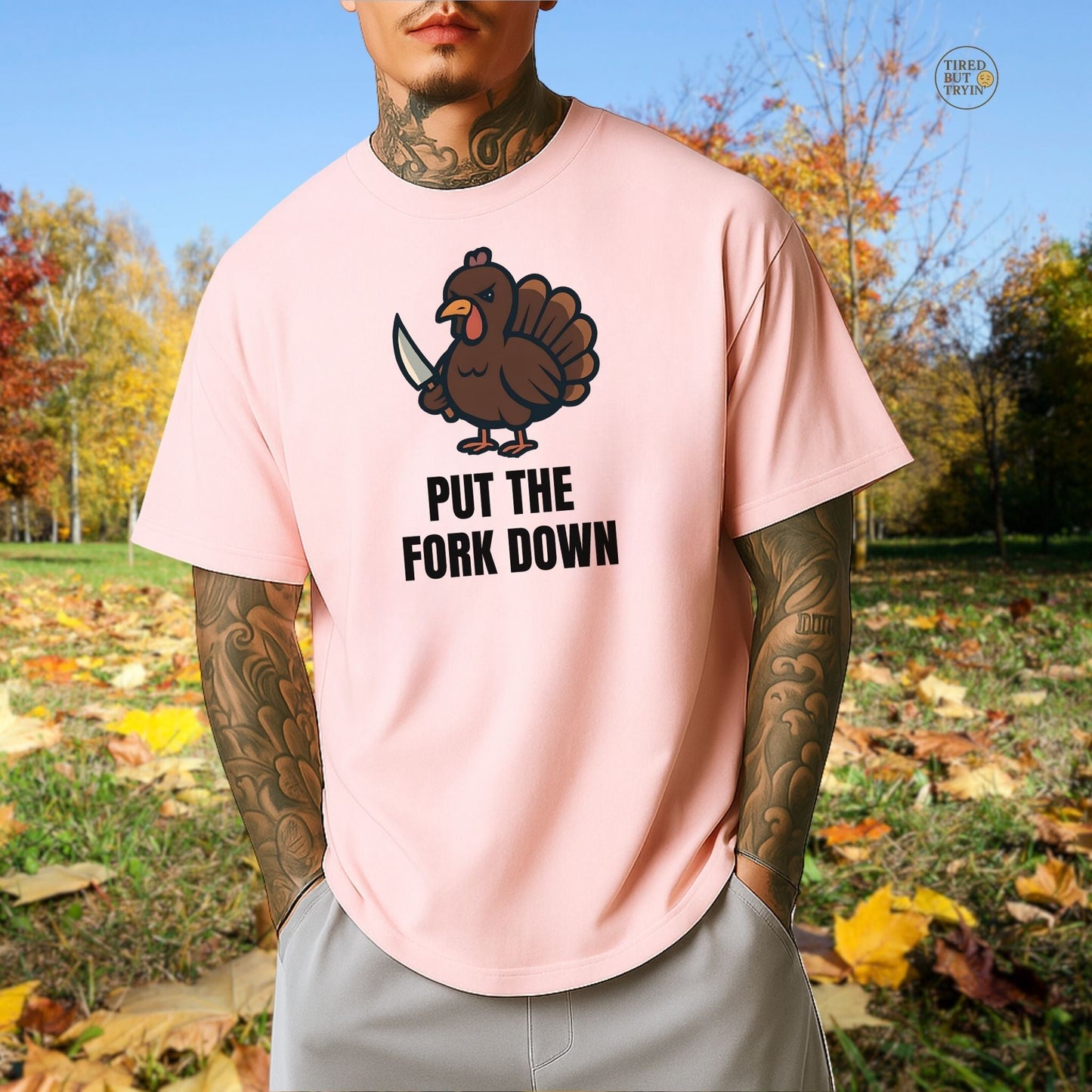 Funny Angry Turkey Shirt – “Put the Fork Down” Unisex Thanksgiving Graphic Tee, Friendsgiving Meme T-Shirt - Light Pink