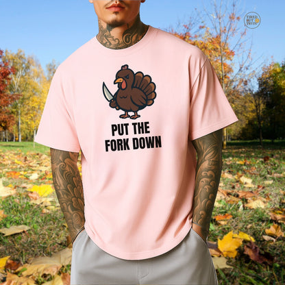 Funny Angry Turkey Shirt – “Put the Fork Down” Unisex Thanksgiving Graphic Tee, Friendsgiving Meme T-Shirt - Light Pink