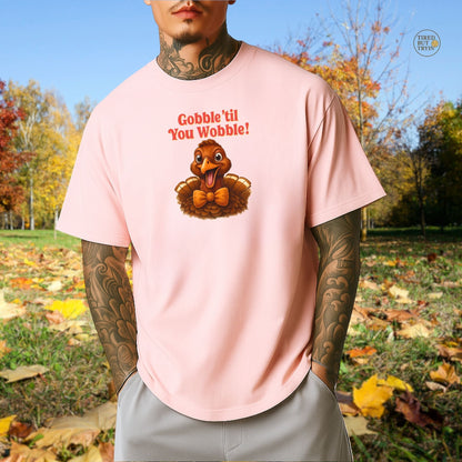 Gobble ’Til You Wobble Shirt – Smiling Bow - Tie Turkey Thanksgiving Tee, Funny Friendsgiving Unisex T-Shirt - Light Pink