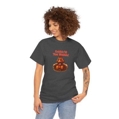 Gobble ’Til You Wobble Shirt – Smiling Bow - Tie Turkey Thanksgiving Tee, Funny Friendsgiving Unisex T-Shirt - Dark Heather