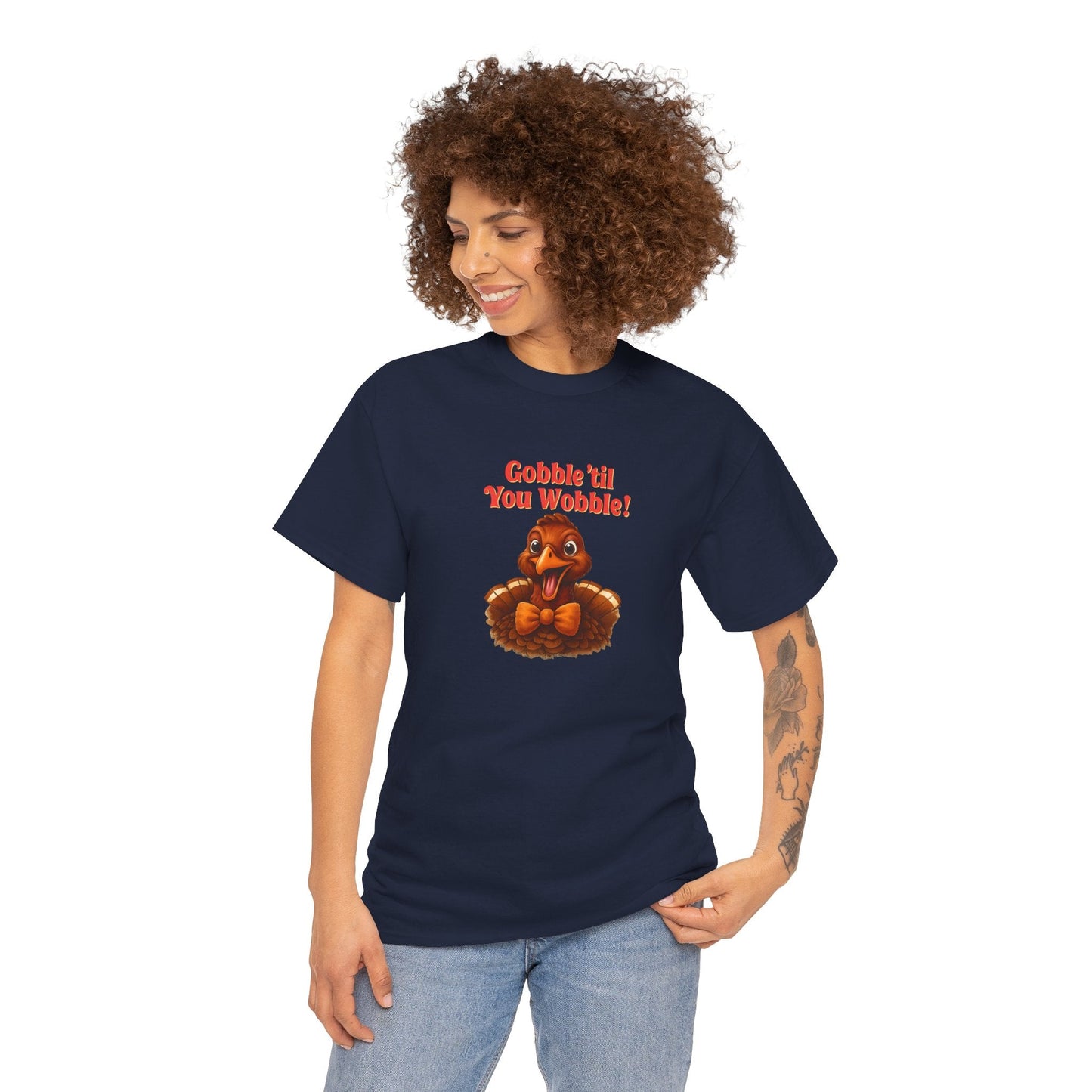 Gobble ’Til You Wobble Shirt – Smiling Bow - Tie Turkey Thanksgiving Tee, Funny Friendsgiving Unisex T-Shirt - Navy