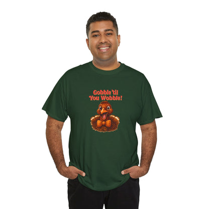 Gobble ’Til You Wobble Shirt – Smiling Bow - Tie Turkey Thanksgiving Tee, Funny Friendsgiving Unisex T-Shirt - Forest Green