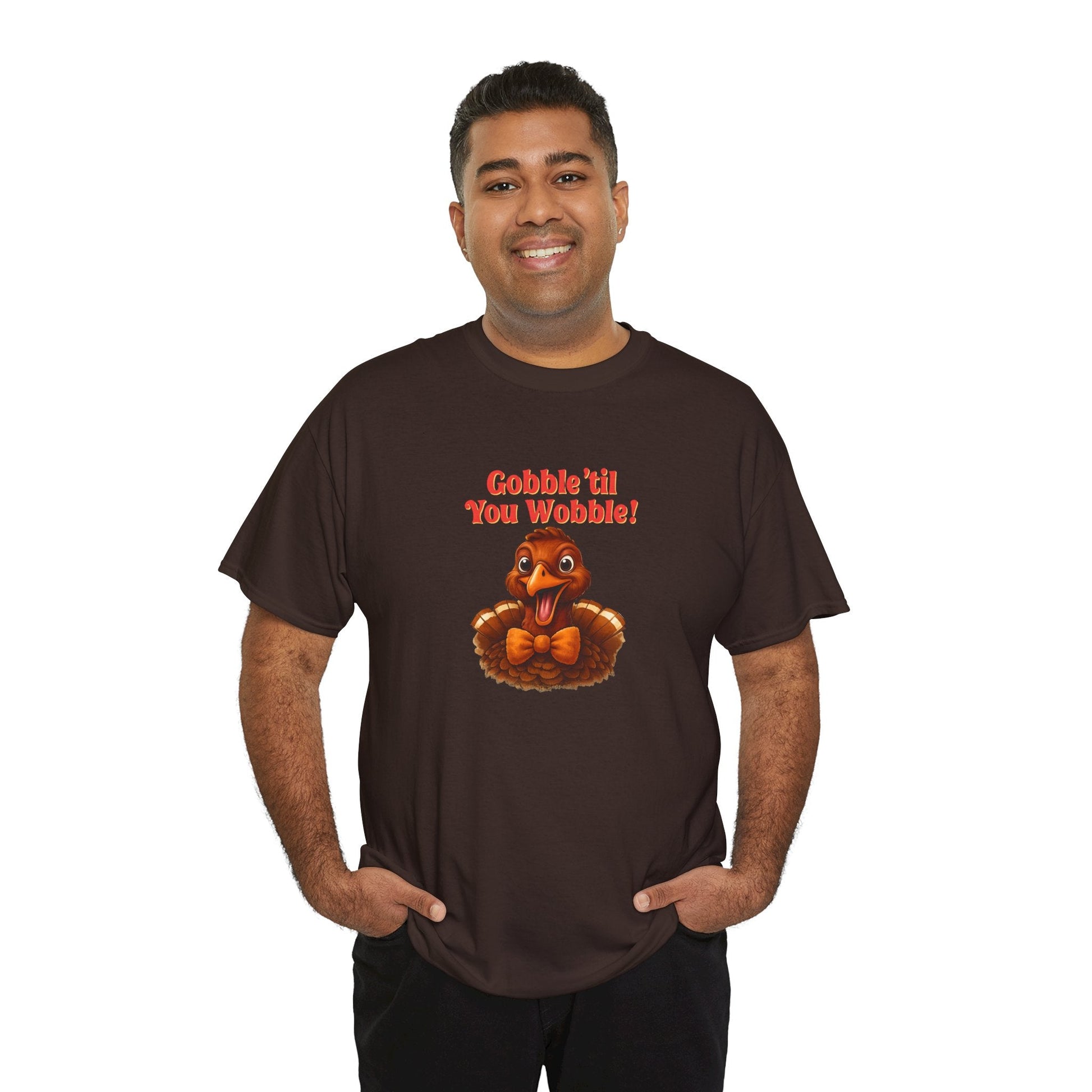 Gobble ’Til You Wobble Shirt – Smiling Bow - Tie Turkey Thanksgiving Tee, Funny Friendsgiving Unisex T-Shirt - Dark Chocolate