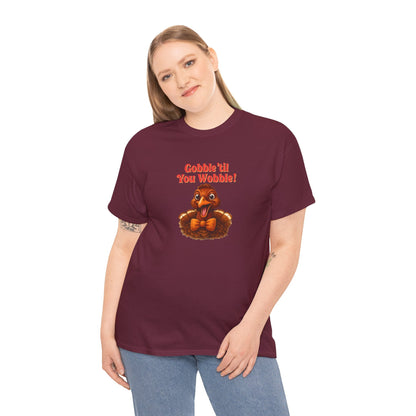Gobble ’Til You Wobble Shirt – Smiling Bow - Tie Turkey Thanksgiving Tee, Funny Friendsgiving Unisex T-Shirt - Maroon