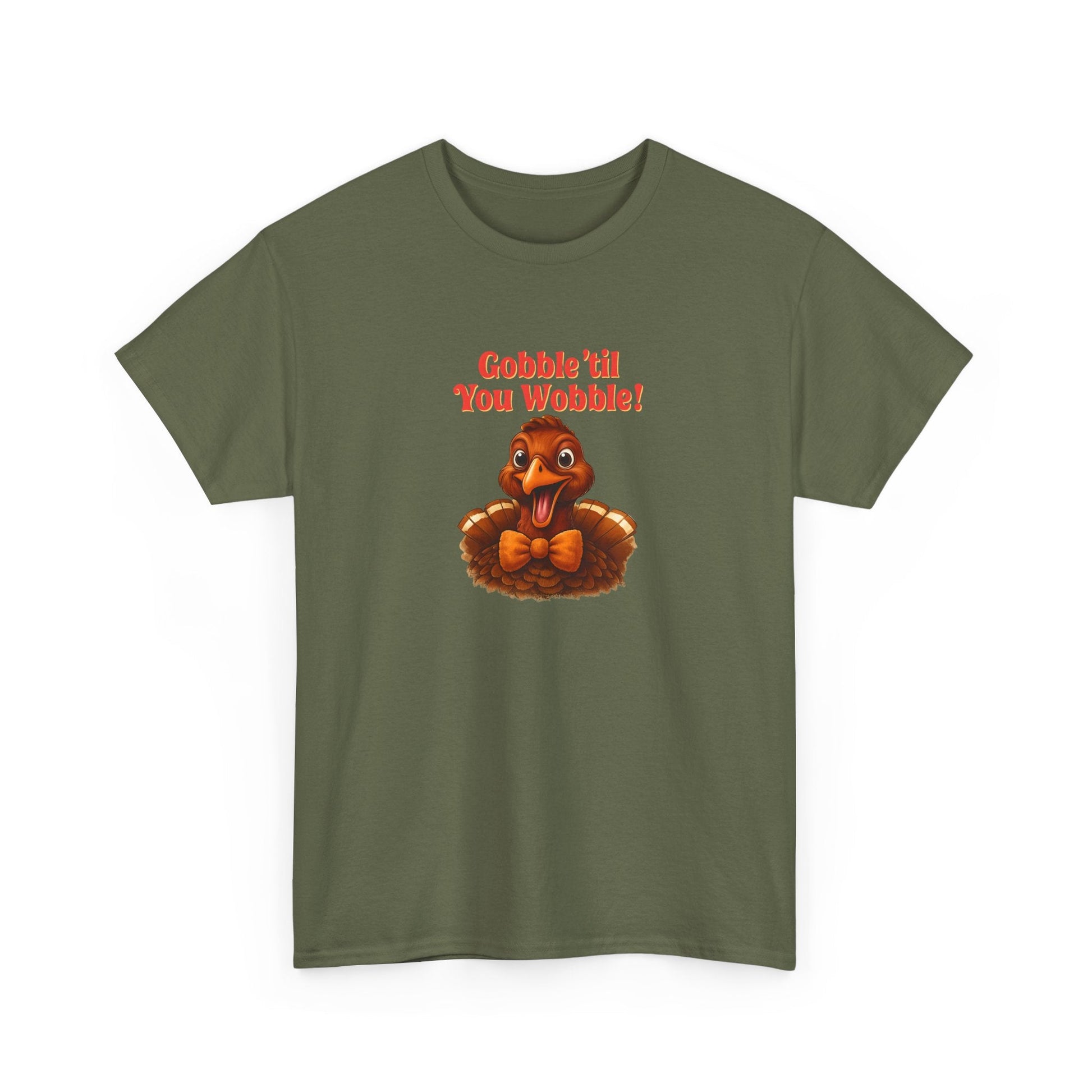 Gobble ’Til You Wobble Shirt – Smiling Bow - Tie Turkey Thanksgiving Tee, Funny Friendsgiving Unisex T-Shirt - Military Green
