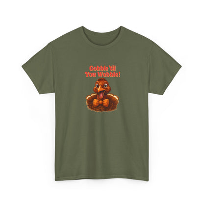 Gobble ’Til You Wobble Shirt – Smiling Bow - Tie Turkey Thanksgiving Tee, Funny Friendsgiving Unisex T-Shirt - Military Green