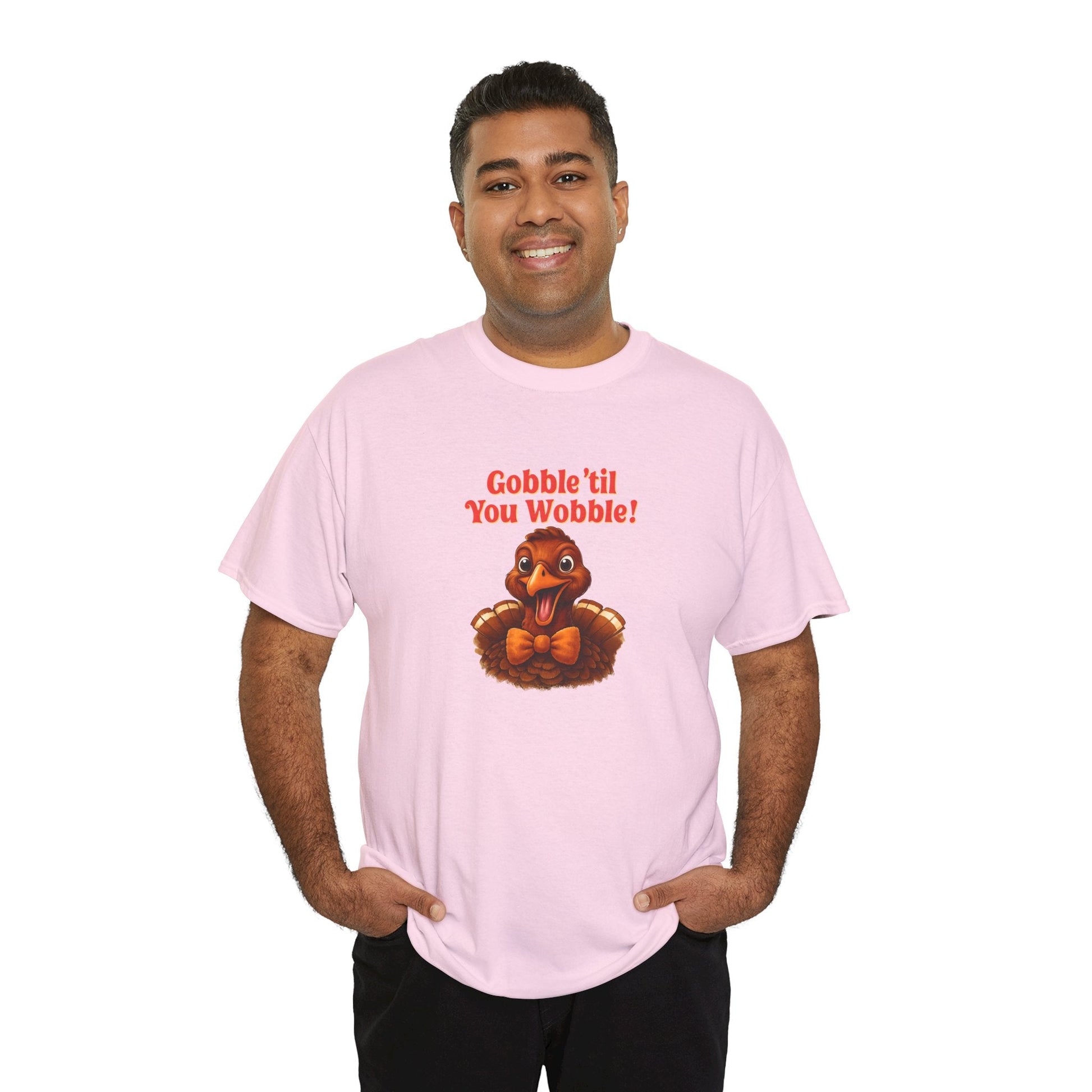Gobble ’Til You Wobble Shirt – Smiling Bow - Tie Turkey Thanksgiving Tee, Funny Friendsgiving Unisex T-Shirt - Light Pink