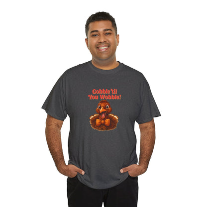 Gobble ’Til You Wobble Shirt – Smiling Bow - Tie Turkey Thanksgiving Tee, Funny Friendsgiving Unisex T-Shirt - Dark Heather