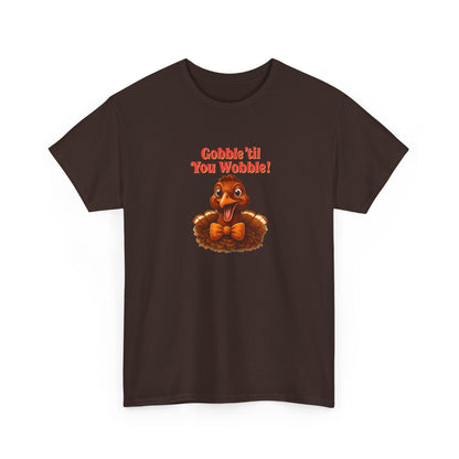 Gobble ’Til You Wobble Shirt – Smiling Bow - Tie Turkey Thanksgiving Tee, Funny Friendsgiving Unisex T-Shirt - Dark Chocolate