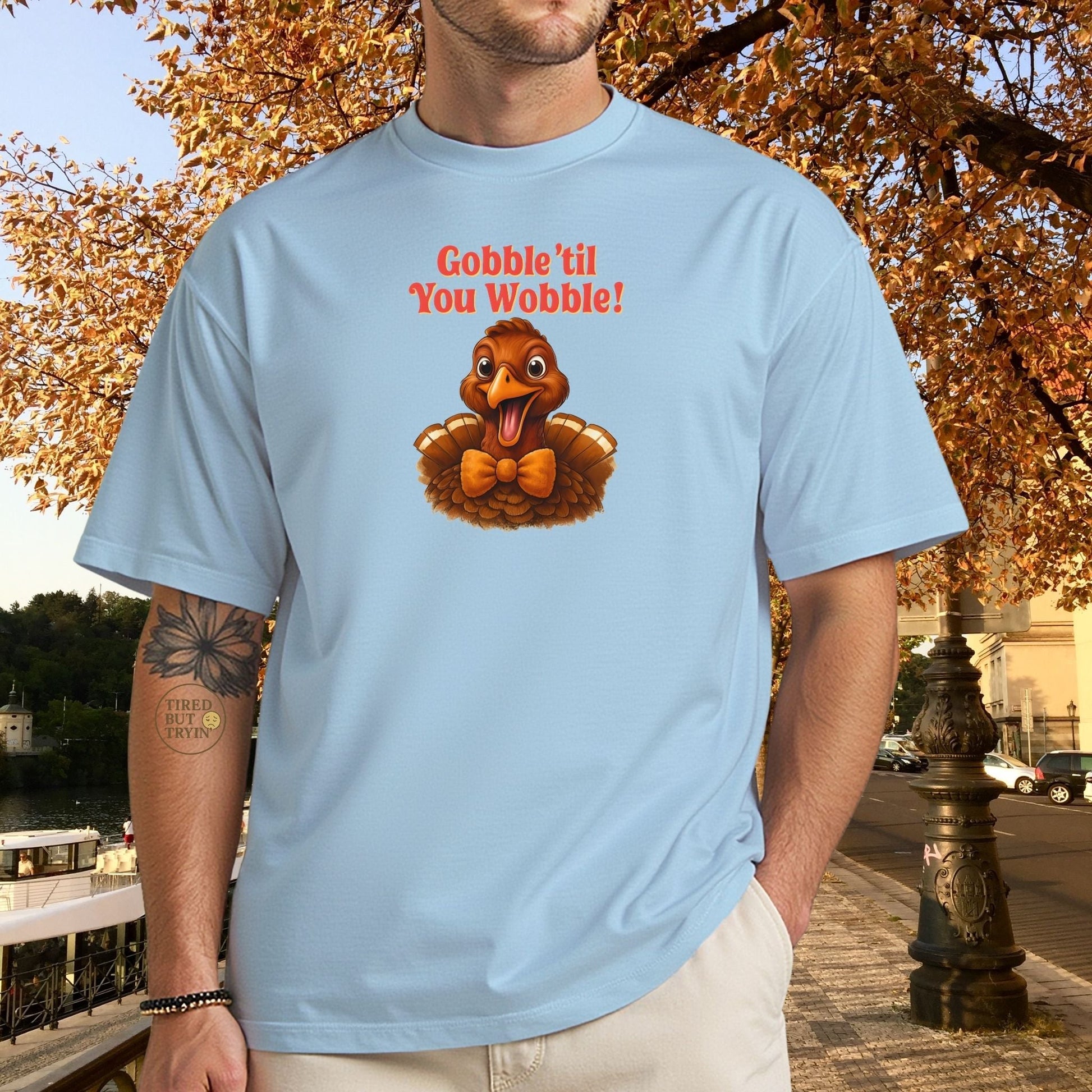 Gobble ’Til You Wobble Shirt – Smiling Bow - Tie Turkey Thanksgiving Tee, Funny Friendsgiving Unisex T-Shirt - Dark Heather
