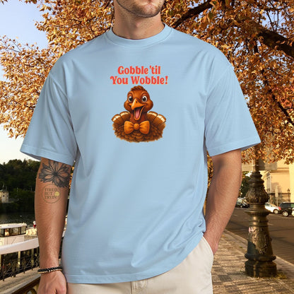 Gobble ’Til You Wobble Shirt – Smiling Bow - Tie Turkey Thanksgiving Tee, Funny Friendsgiving Unisex T-Shirt - Dark Heather