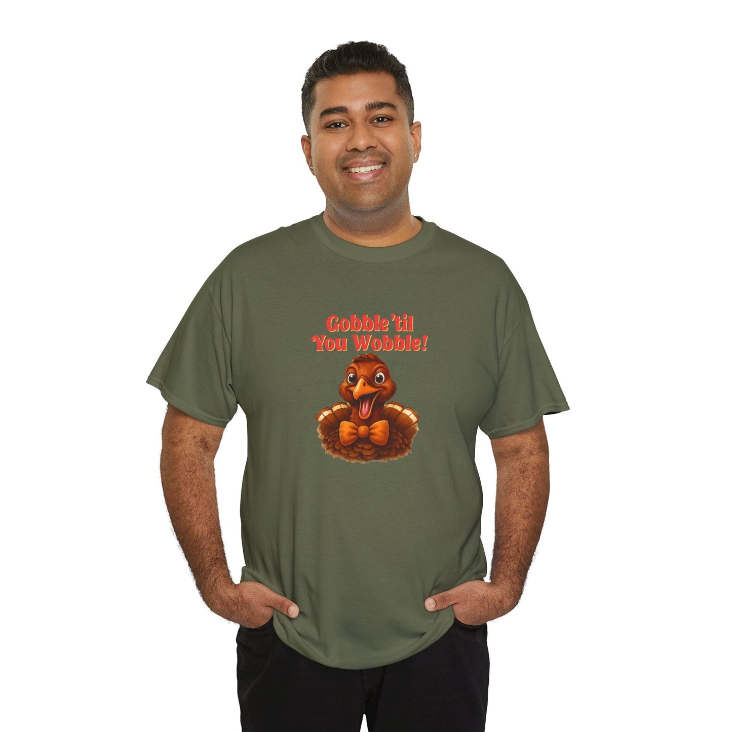 Gobble ’Til You Wobble Shirt – Smiling Bow - Tie Turkey Thanksgiving Tee, Funny Friendsgiving Unisex T-Shirt - Military Green