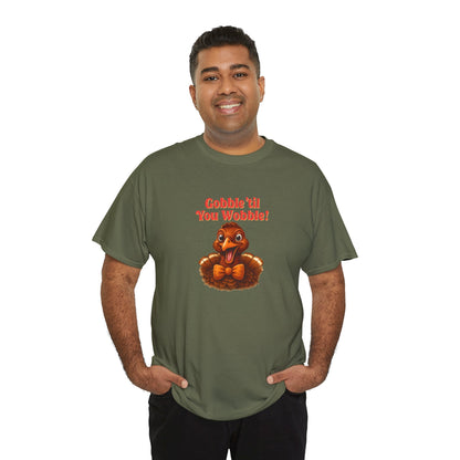 Gobble ’Til You Wobble Shirt – Smiling Bow - Tie Turkey Thanksgiving Tee, Funny Friendsgiving Unisex T-Shirt - Military Green
