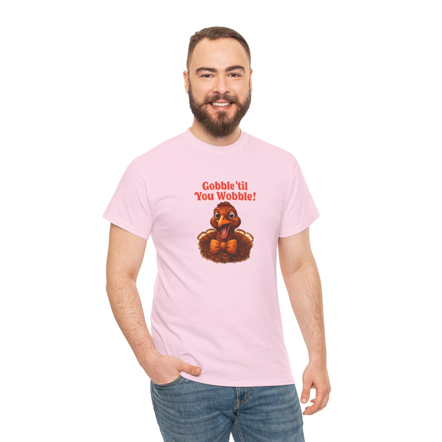 Gobble ’Til You Wobble Shirt – Smiling Bow - Tie Turkey Thanksgiving Tee, Funny Friendsgiving Unisex T-Shirt - Light Pink