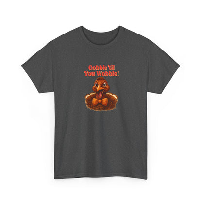 Gobble ’Til You Wobble Shirt – Smiling Bow - Tie Turkey Thanksgiving Tee, Funny Friendsgiving Unisex T-Shirt - Dark Heather