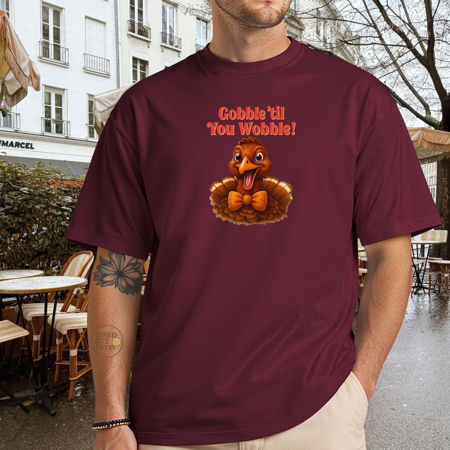 Gobble ’Til You Wobble Shirt – Smiling Bow - Tie Turkey Thanksgiving Tee, Funny Friendsgiving Unisex T-Shirt - Sport Grey