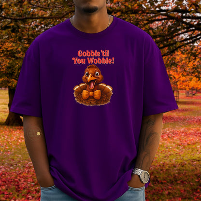 Gobble ’Til You Wobble Shirt – Smiling Bow - Tie Turkey Thanksgiving Tee, Funny Friendsgiving Unisex T-Shirt - Purple
