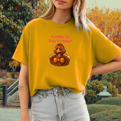 Gobble ’Til You Wobble Shirt – Smiling Bow - Tie Turkey Thanksgiving Tee, Funny Friendsgiving Unisex T-Shirt - Gold