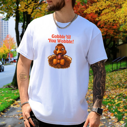 Gobble ’Til You Wobble Shirt – Smiling Bow - Tie Turkey Thanksgiving Tee, Funny Friendsgiving Unisex T-Shirt - White
