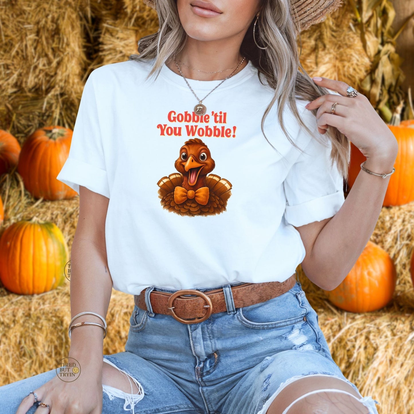 Gobble ’Til You Wobble Shirt – Smiling Bow - Tie Turkey Thanksgiving Tee, Funny Friendsgiving Unisex T-Shirt - White