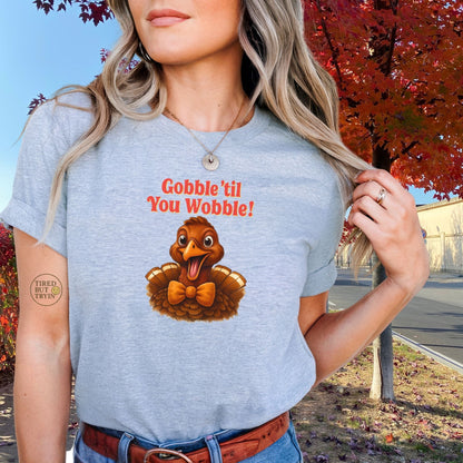 Gobble ’Til You Wobble Shirt – Smiling Bow - Tie Turkey Thanksgiving Tee, Funny Friendsgiving Unisex T-Shirt - Sport Grey