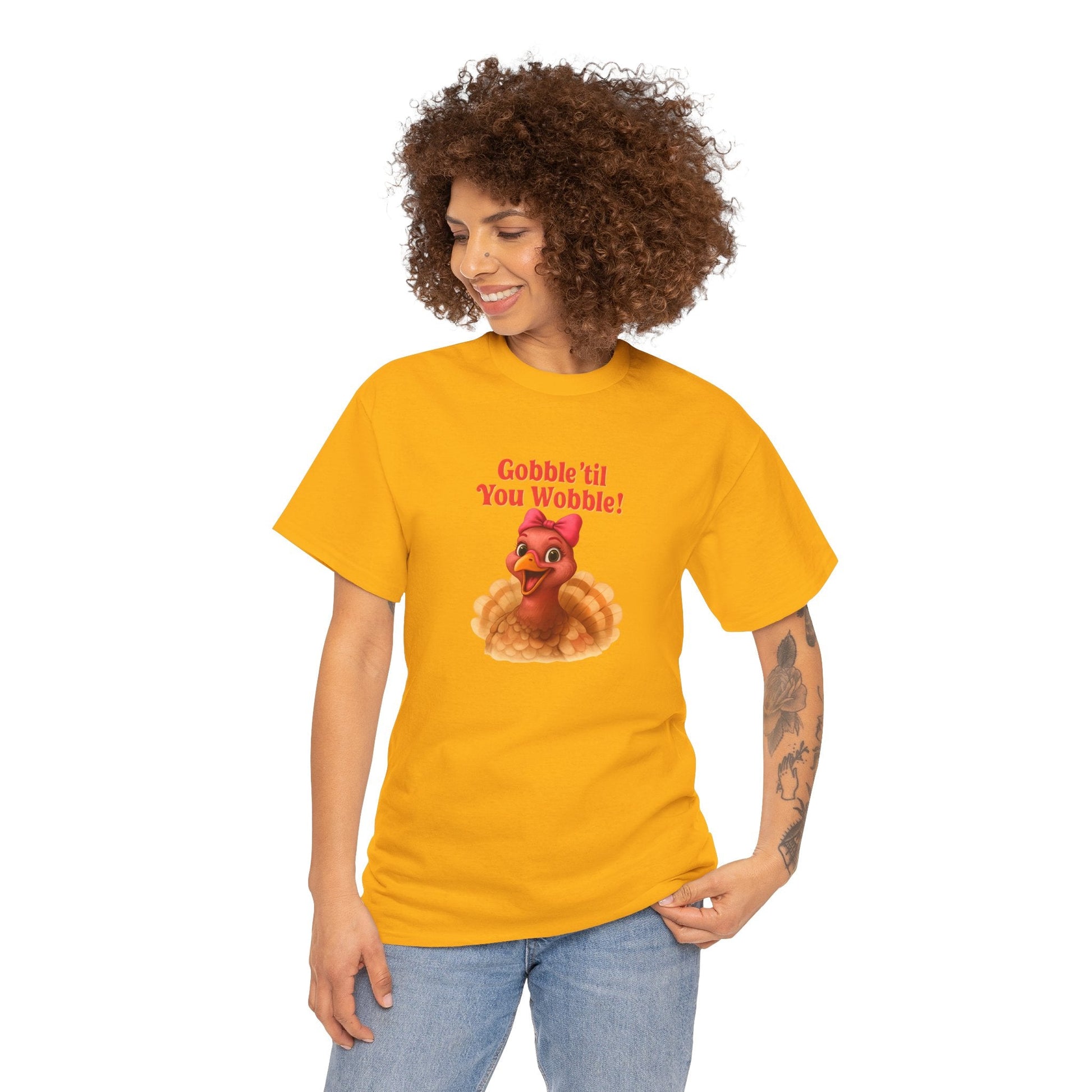 Gobble ’Til You Wobble Turkey Shirt – Funny Thanksgiving Tee, Smiling Female Turkey with Coquette Bow, Friendsgiving Graphic Top - Gold