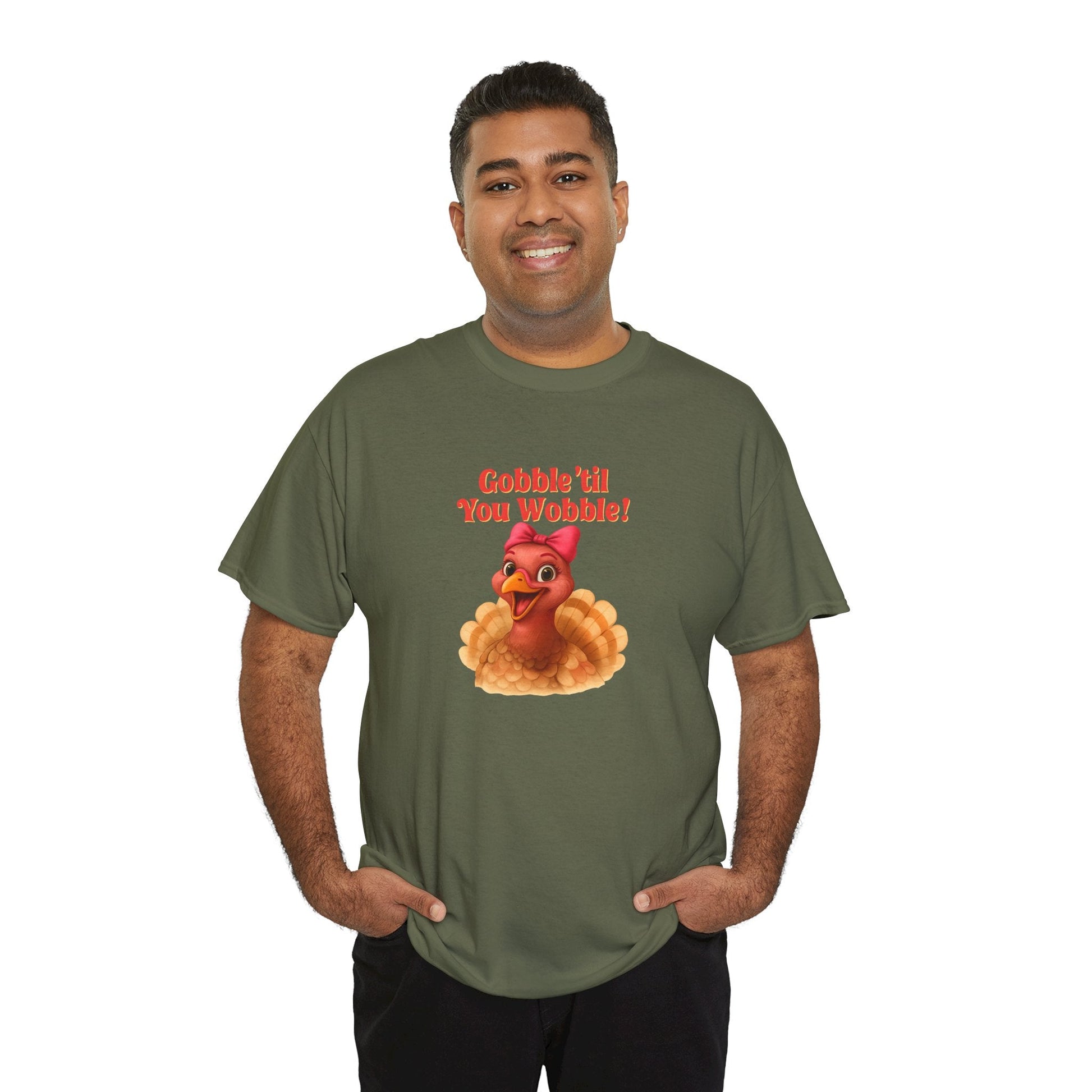 Gobble ’Til You Wobble Turkey Shirt – Funny Thanksgiving Tee, Smiling Female Turkey with Coquette Bow, Friendsgiving Graphic Top - Military Green