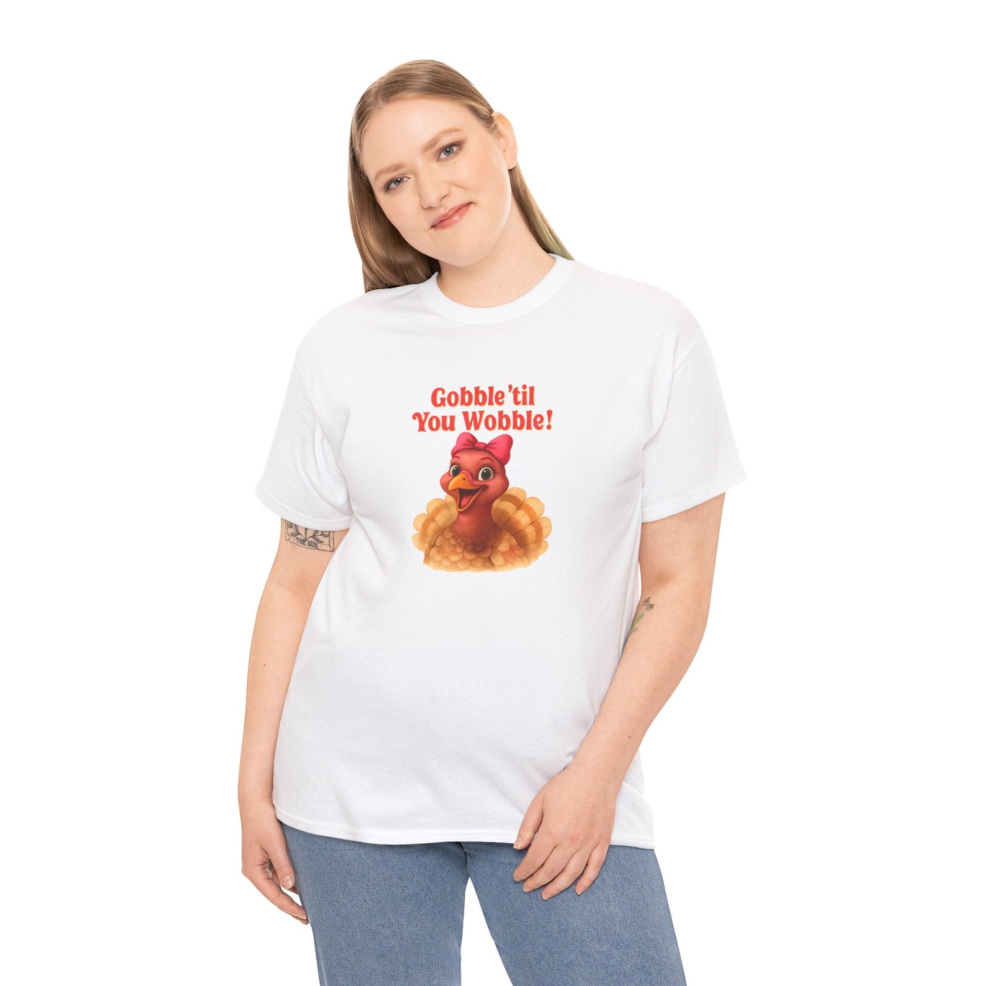 Gobble ’Til You Wobble Turkey Shirt – Funny Thanksgiving Tee, Smiling Female Turkey with Coquette Bow, Friendsgiving Graphic Top - White