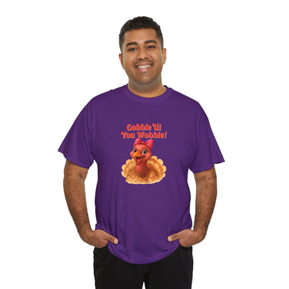 Gobble ’Til You Wobble Turkey Shirt – Funny Thanksgiving Tee, Smiling Female Turkey with Coquette Bow, Friendsgiving Graphic Top - Purple
