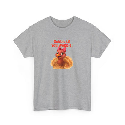 Gobble ’Til You Wobble Turkey Shirt – Funny Thanksgiving Tee, Smiling Female Turkey with Coquette Bow, Friendsgiving Graphic Top - Sport Grey